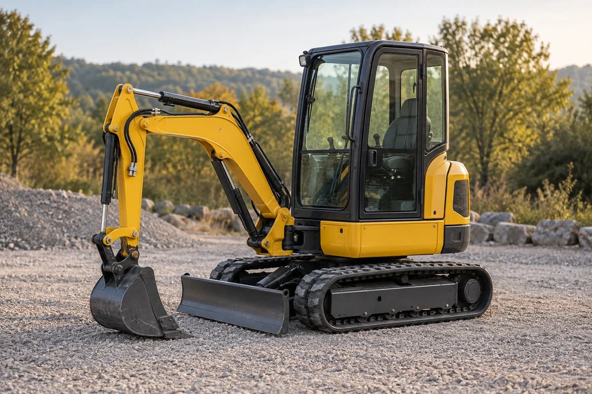 Mini excavator with rubber tracks and its bucket resting on gravel