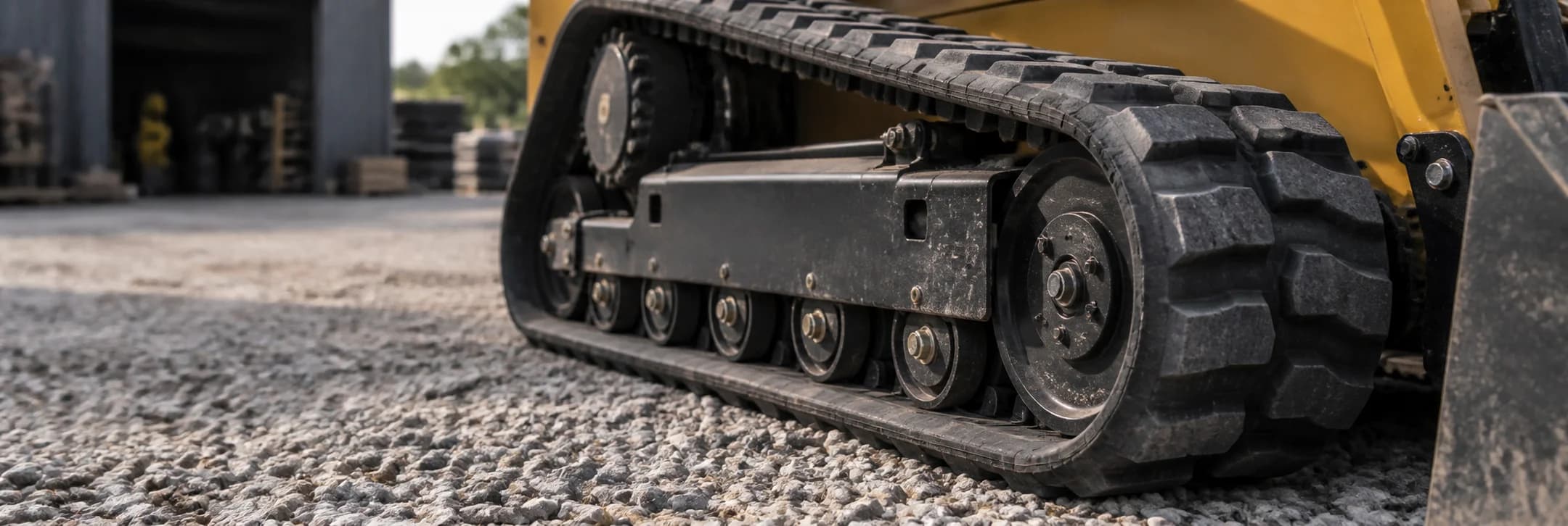 Close-up of a compact loader's rubber track and undercarriage